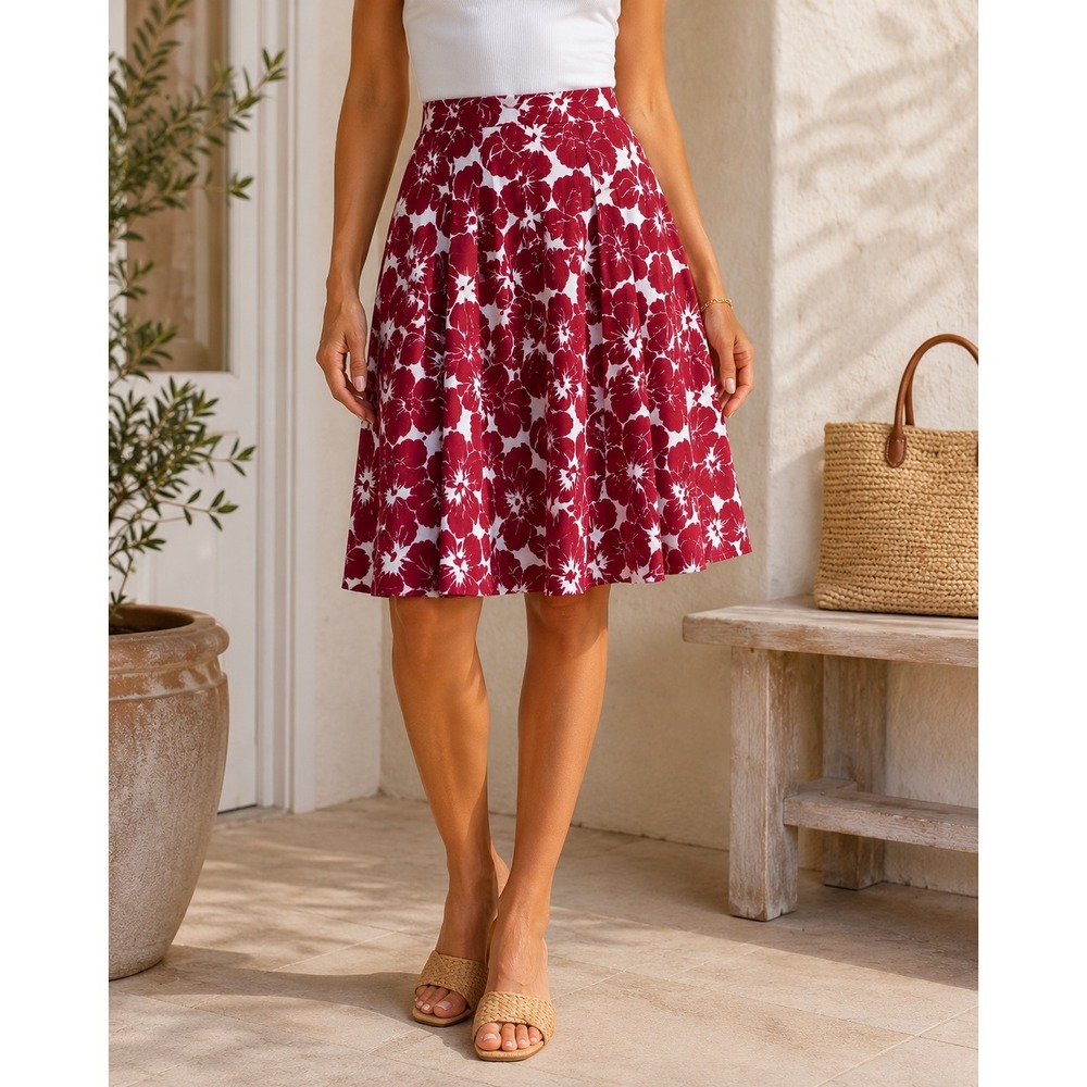 Talbots Red White Hibiscus‎ Floral Pleated A-Line Skirt Size 4 Tropical Summer